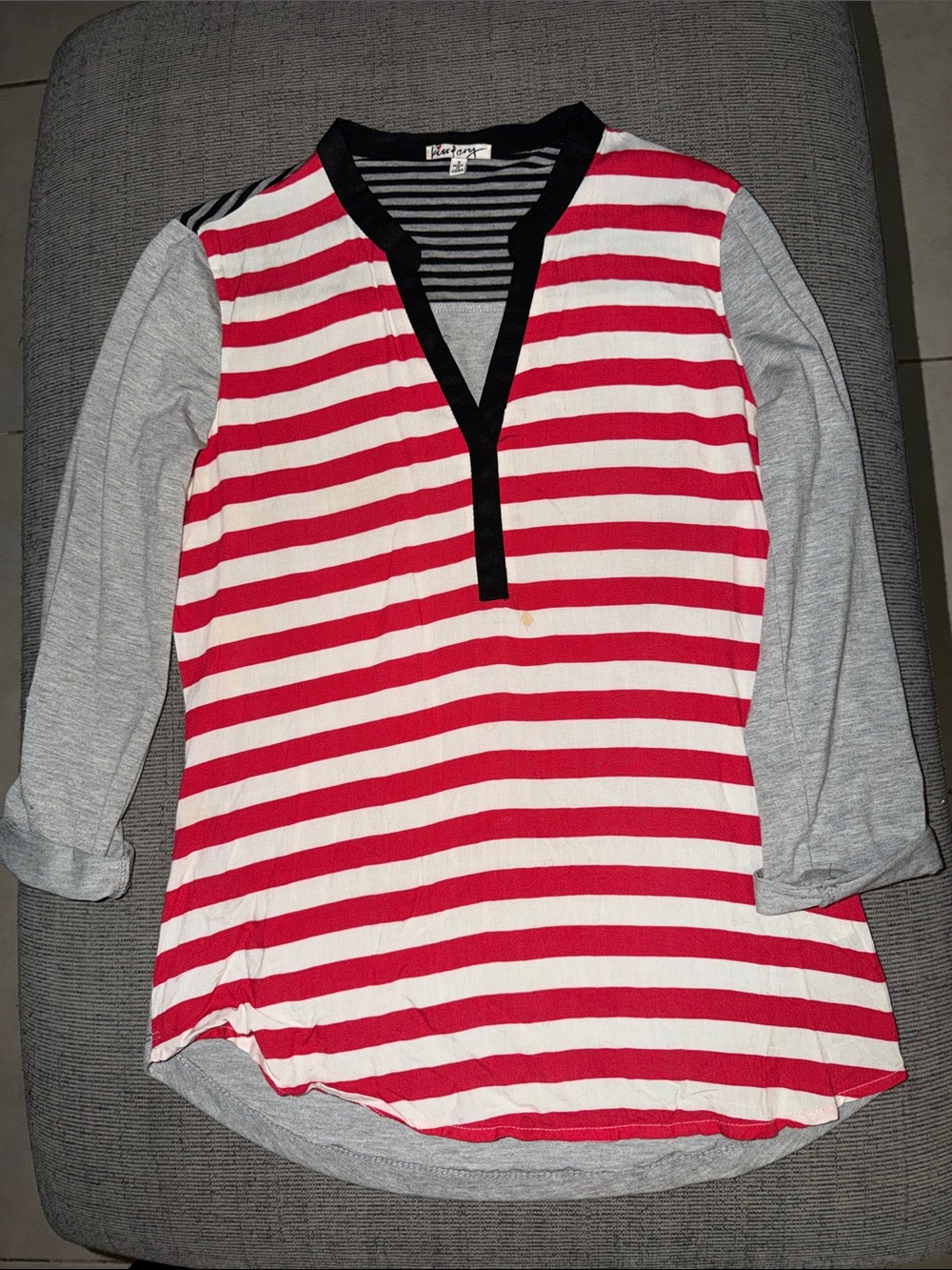 Striped Red & White V-Neck Women's Top with Gray Sleeves